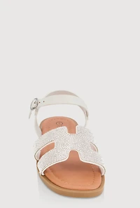 Womens Girls Rhinestone H Band Buckle Strap Sandals, White,