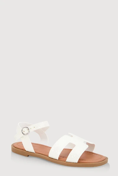 Womens Girls Glitter H Band Buckle Strap Sandals, White, Size 2