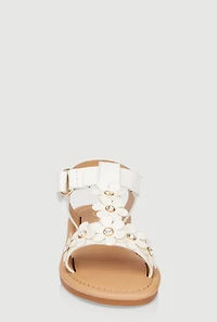 Womens Toddler Girls Studded 3D Flower Band Ankle Strap Sandals, White,
