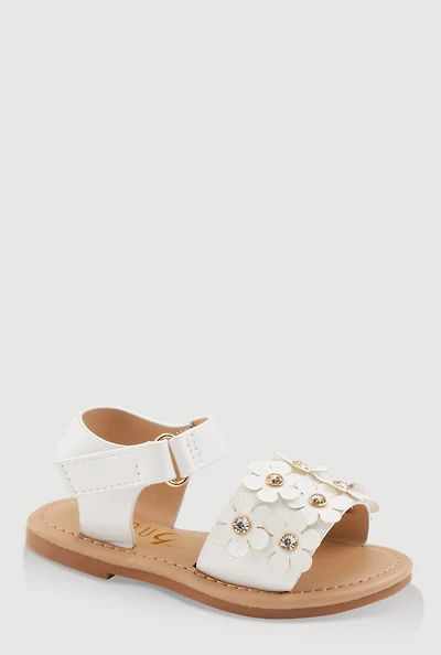 Womens Toddler Girls Faux Leather 3D Flower Band Ankle Strap Sandals, White,