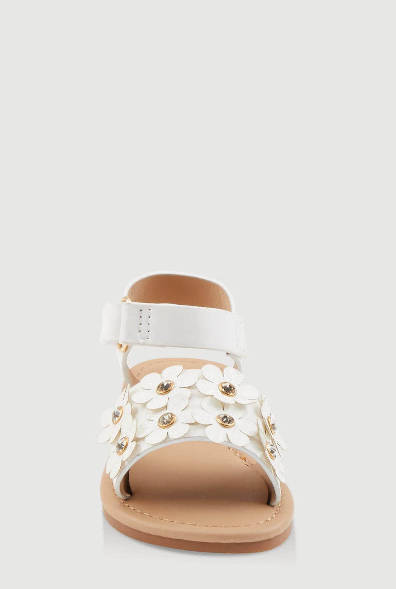 Womens Toddler Girls Faux Leather 3D Flower Band Ankle Strap Sandals, White, Size 6