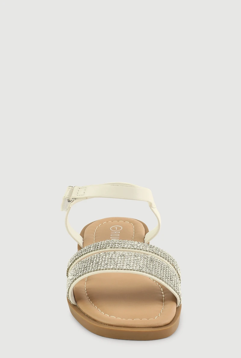 Womens Girls Rhinestone Band Ankle Strap Sandals, White, Size 13