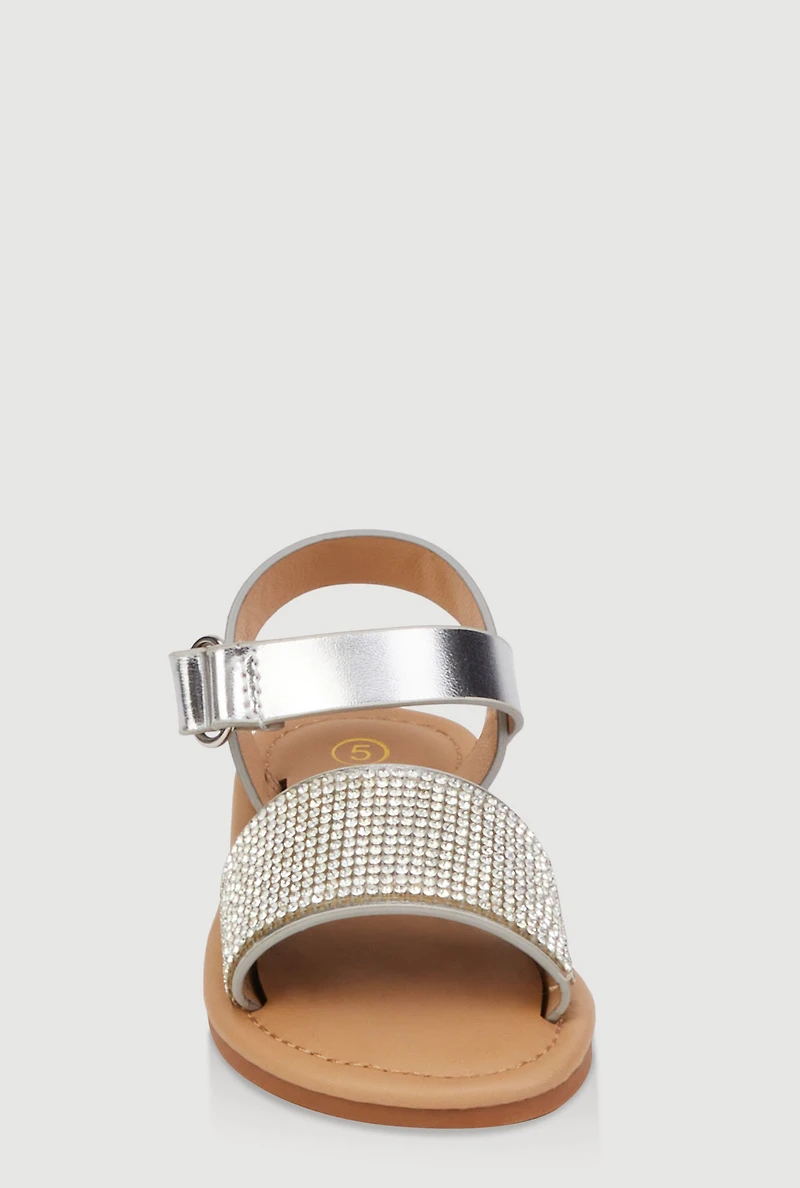 Womens Toddler Girls Rhinestone Band Velcro Strap Sandals, Silver, Size 6