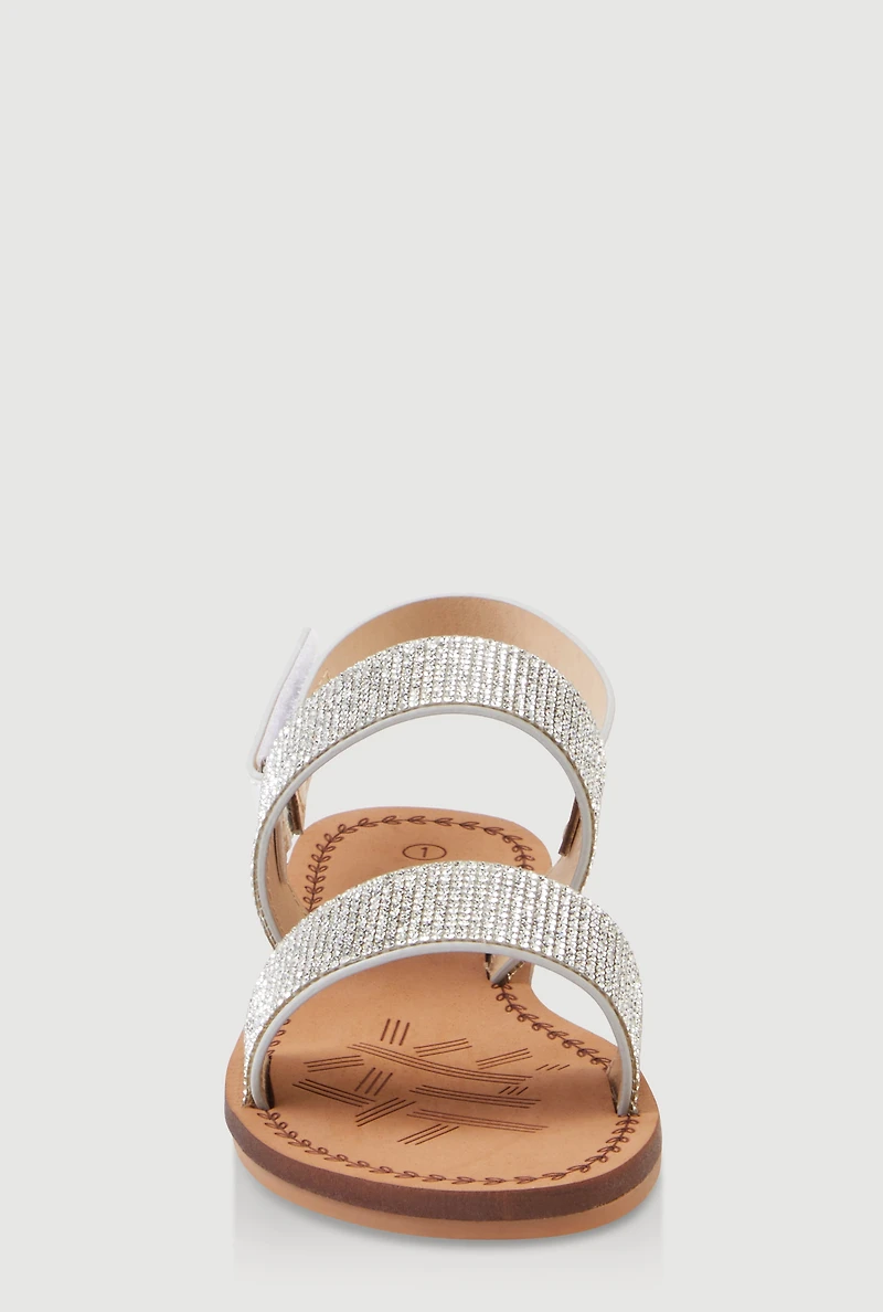 Womens Girls Rhinestone Double Banded Velcro Ankle Strap Sandals, Silver, Size 12