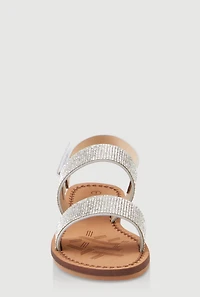 Womens Girls Rhinestone Double Banded Velcro Ankle Strap Sandals, Silver, Size 12