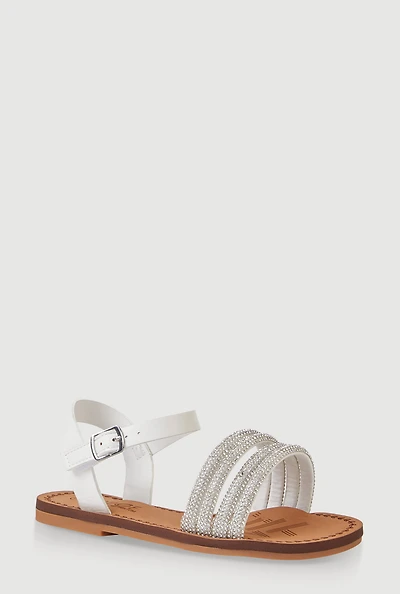 Womens Girls Rhinestone Strappy Band Sandals, White,