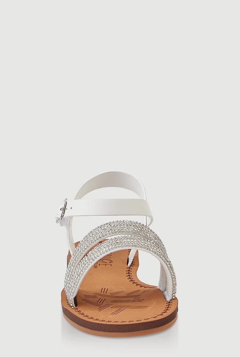 Womens Girls Rhinestone Strappy Band Sandals, White, Size 12