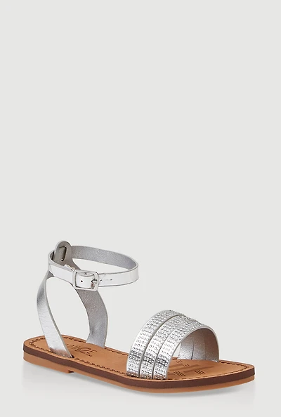 Womens Girls Triple Rhinestone Band Sandals, Silver,