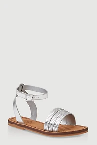 Womens Girls Triple Rhinestone Band Sandals, Silver,
