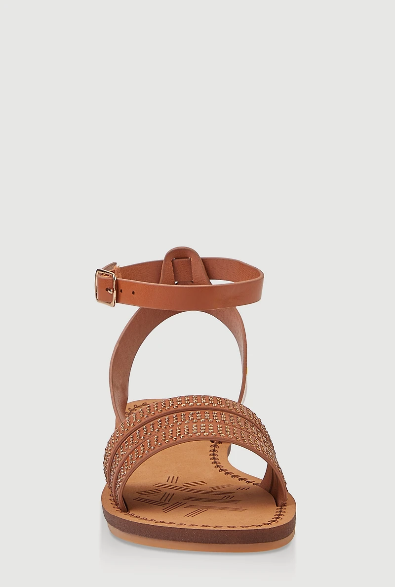 Womens Girls Triple Rhinestone Band Sandals, Brown, Size 1