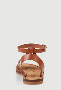 Womens Girls Triple Rhinestone Band Sandals, Brown,