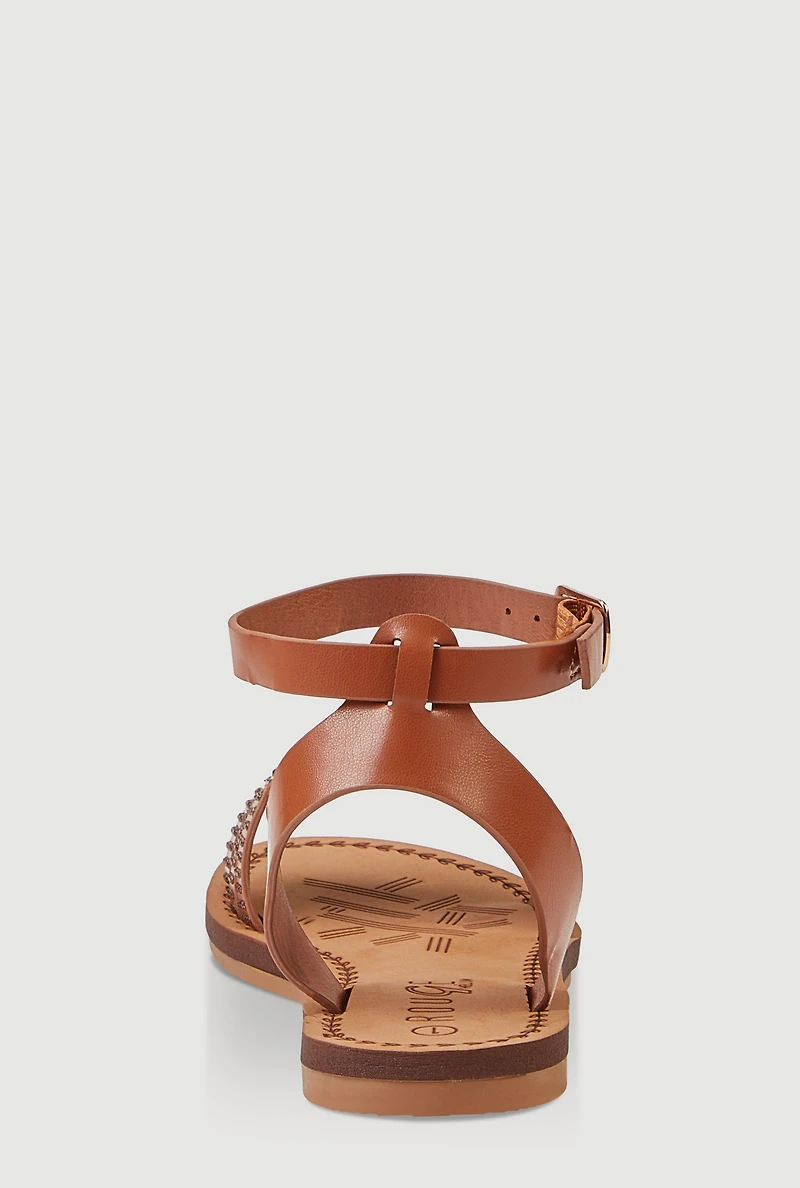 Womens Girls Triple Rhinestone Band Sandals, Brown, Size 1