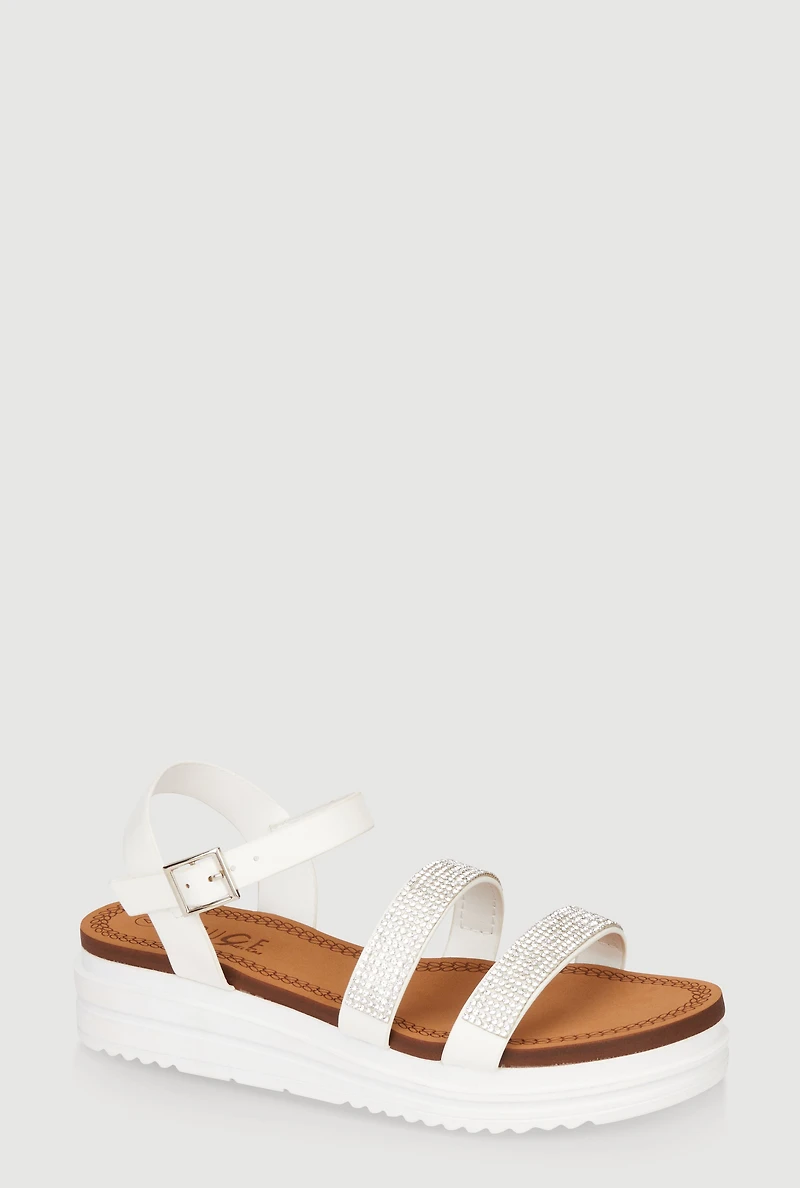 Womens Girls Rhinestone Ankle Strap Wedge Sandals, White,