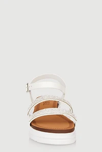 Womens Girls Rhinestone Ankle Strap Wedge Sandals, White,