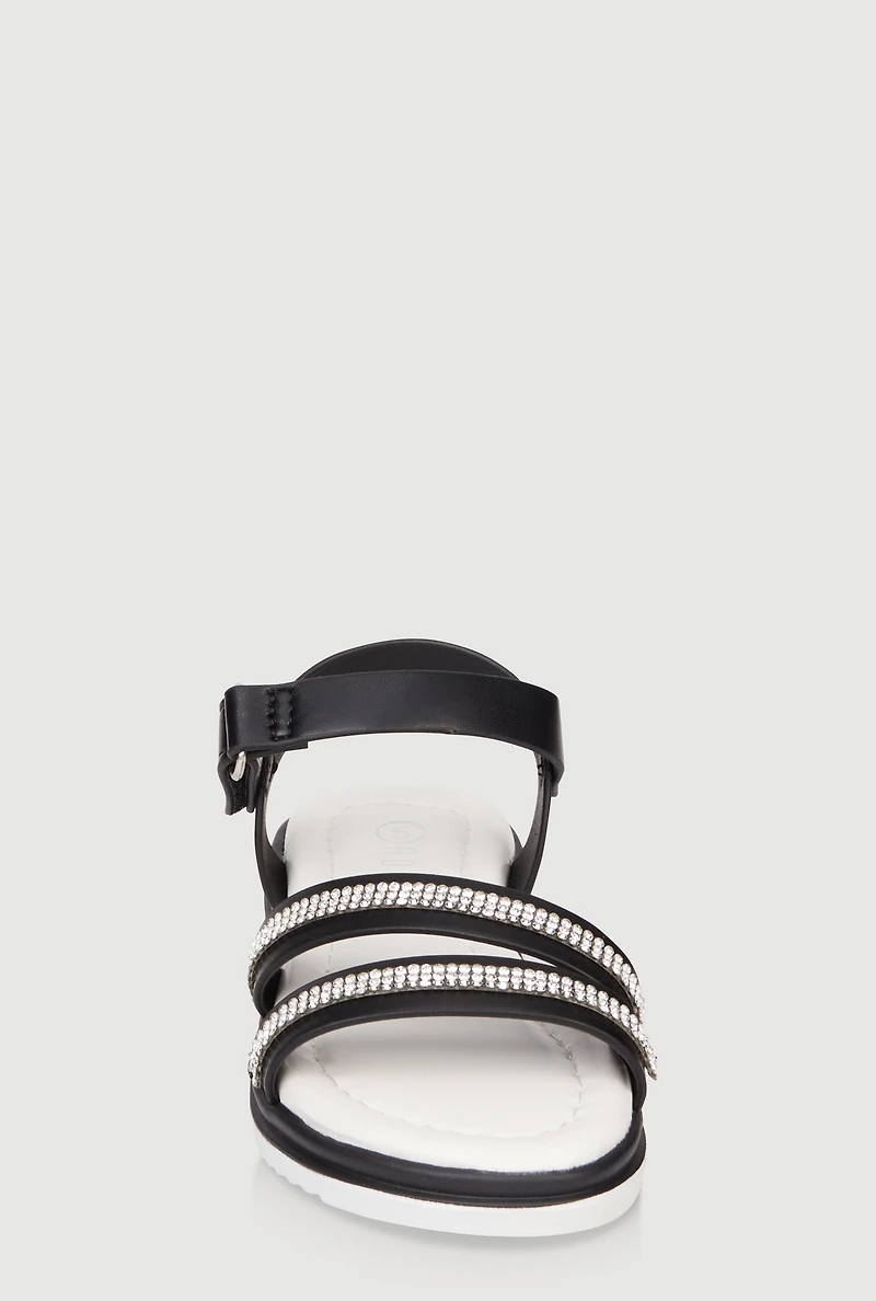 Womens Toddler Girls Rhinestone Double Band Velcro Ankle Strap Sandals, Black, Size 6