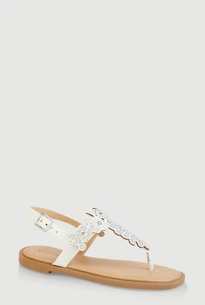 Womens Girls Rhinestone Flower Thong Sandals, White,