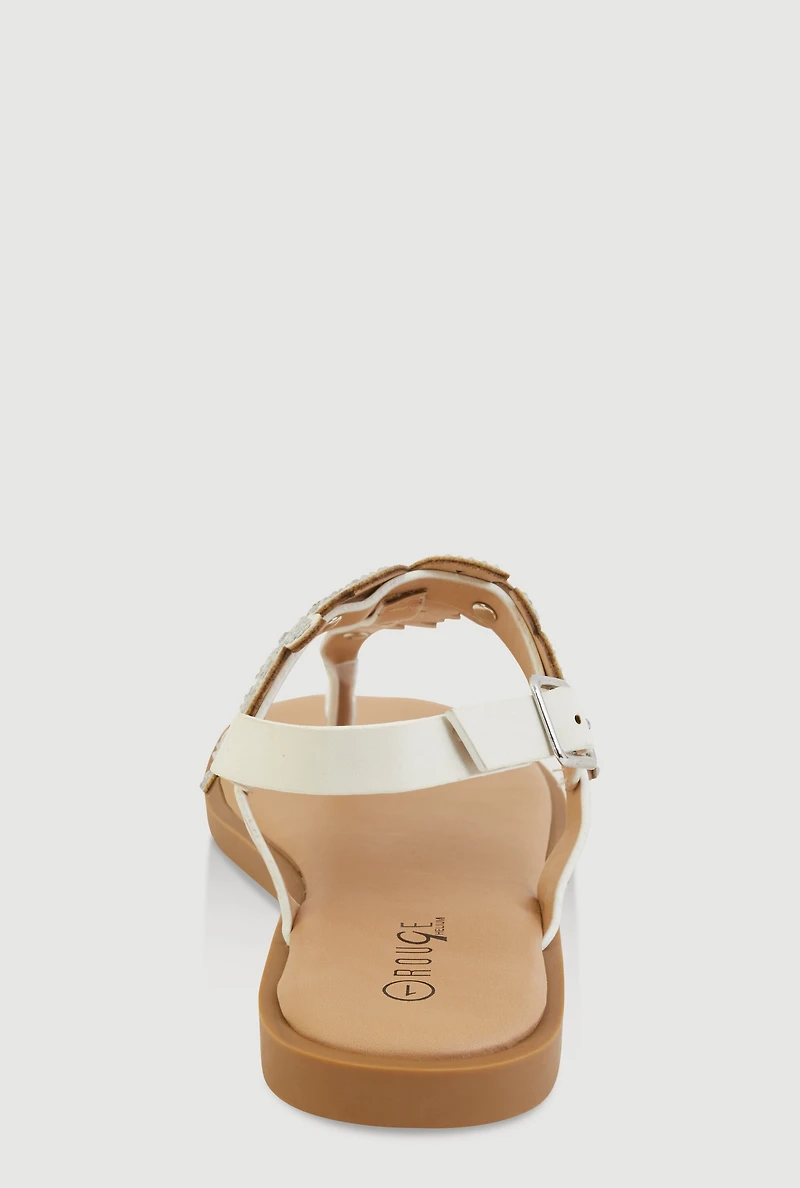 Womens Girls Rhinestone Flower Thong Sandals, White, Size 12