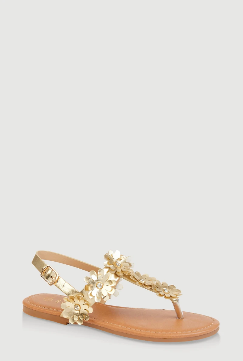 Womens Girls Flower Buckle Strap Thong Sandals, Gold, Size 2