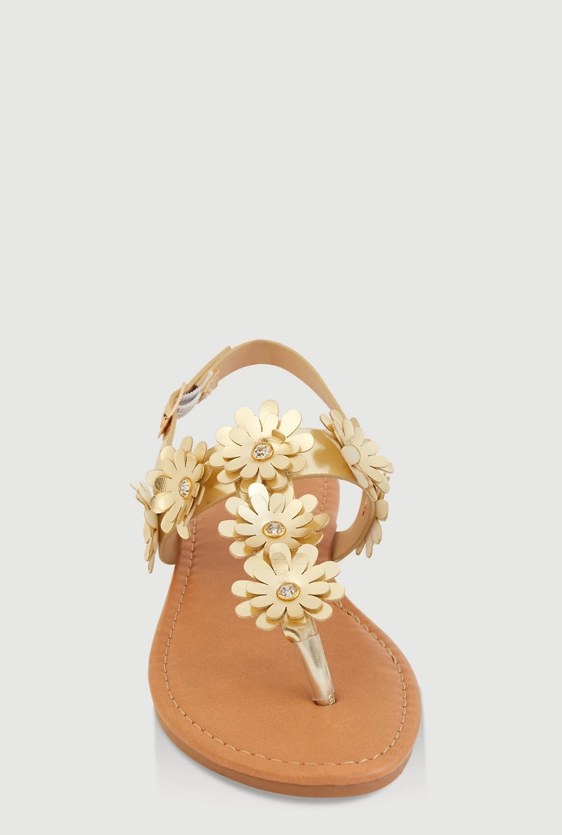 Womens Girls Flower Buckle Strap Thong Sandals, Gold, Size 2