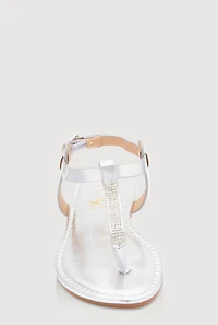 Womens Girls Rhinestone Ankle Strap Thong Sandals, Silver,