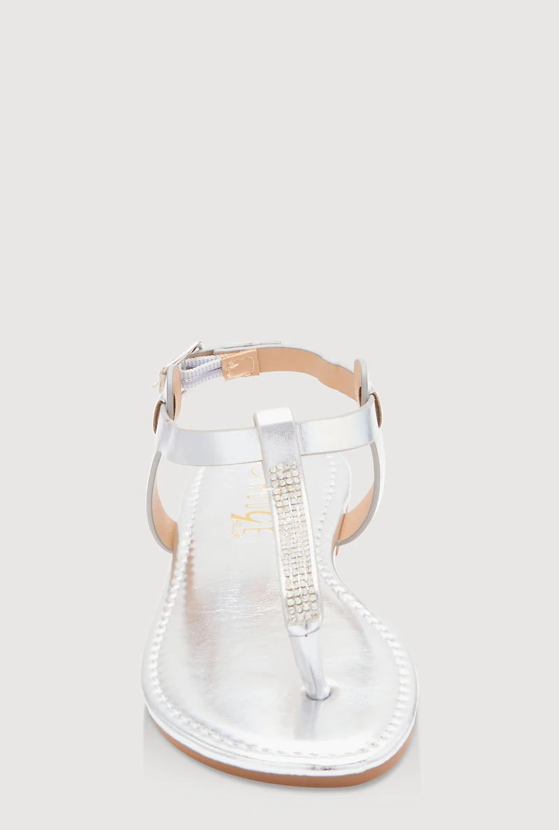 Womens Girls Rhinestone Ankle Strap Thong Sandals, Silver, Size 3