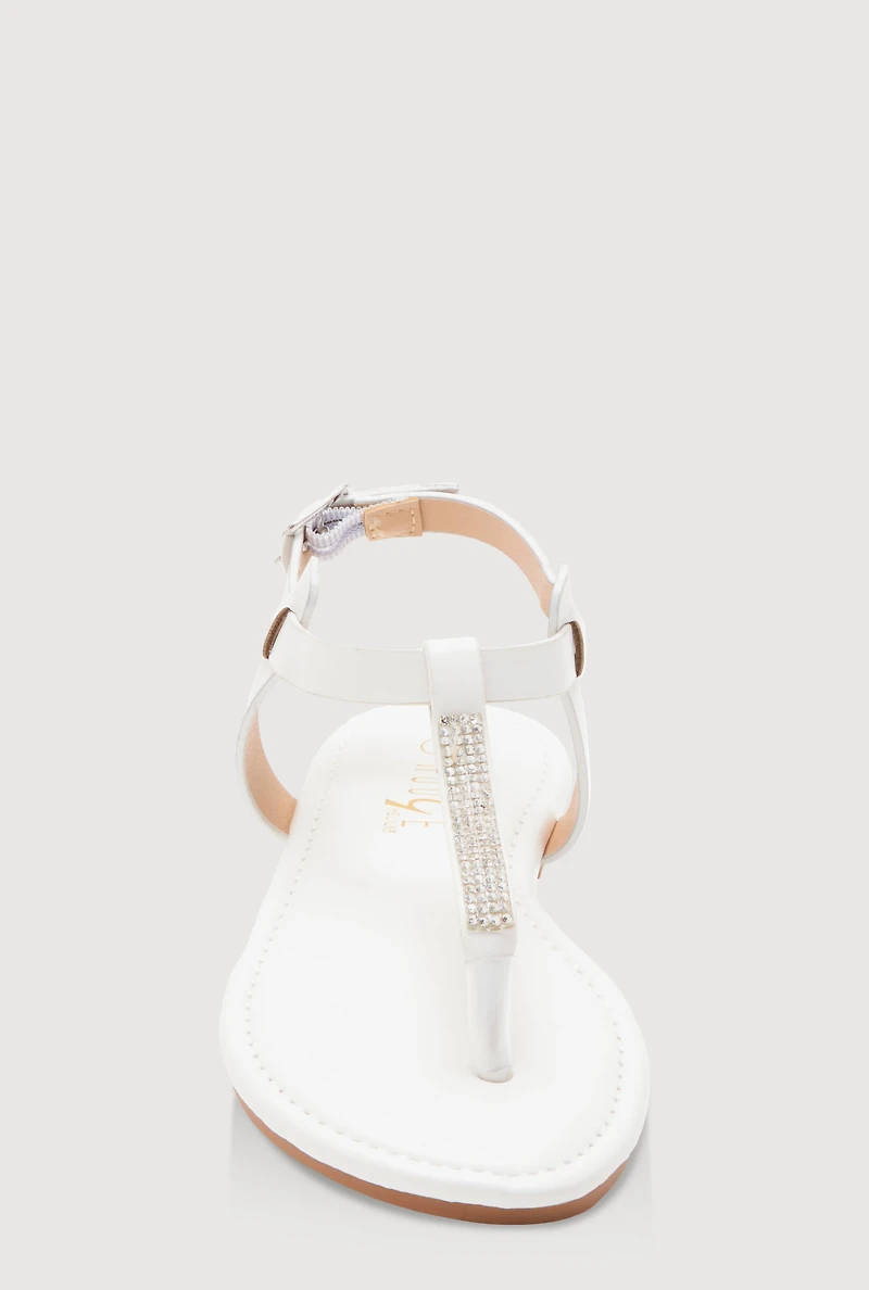 Womens Girls Rhinestone Ankle Strap Thong Sandals, White,
