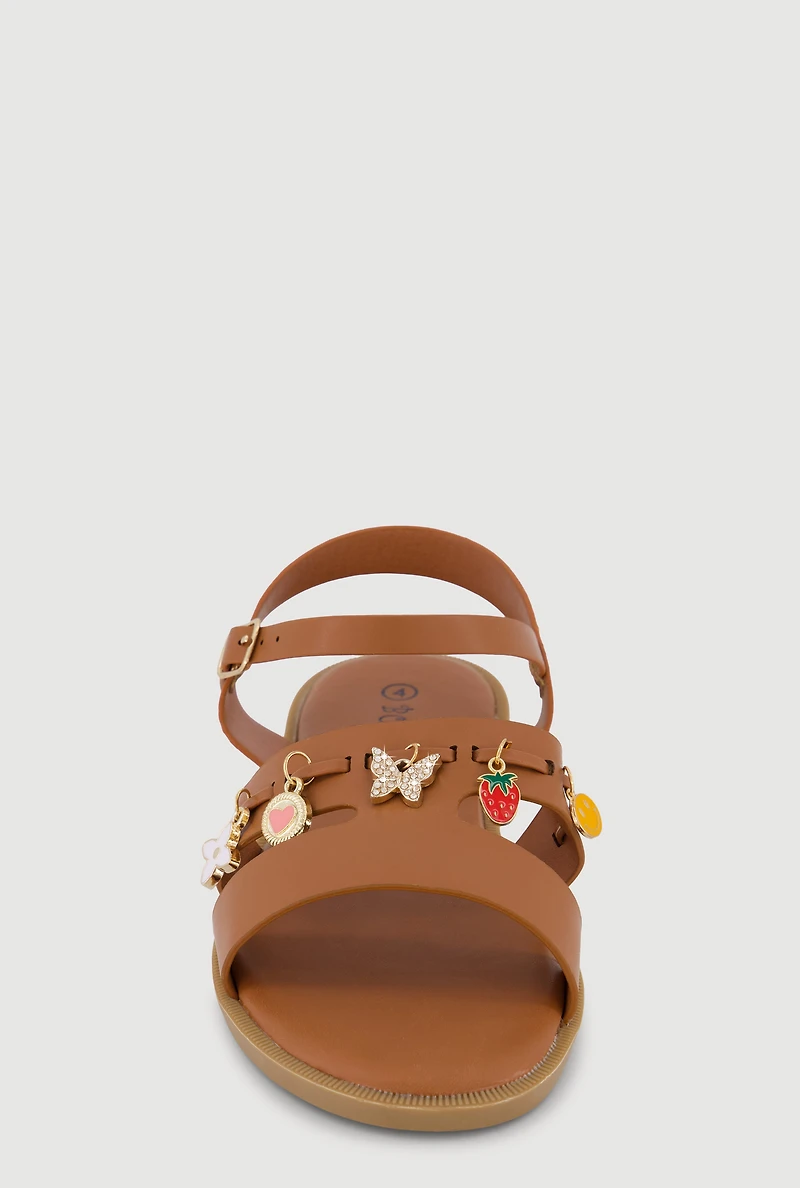Girls Faux Leather Rhinestone Charm Detail Open Toe Sandals