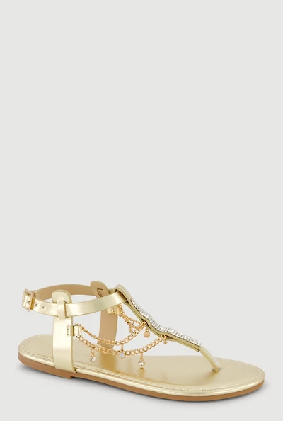 Girls Double Rhinestone Chain Detail Thong Sandals