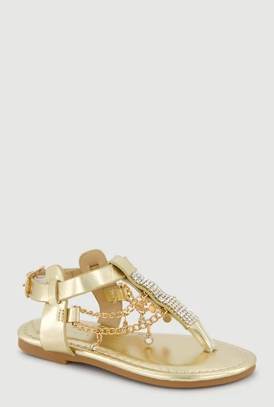 Toddler Girls Rhinestone Buckle Strap Thong Sandals with Chains