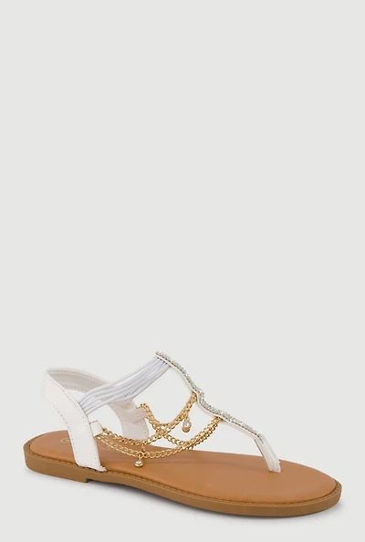 Girls Rhinestone T-Bar Corded Ankle Strap Sandals