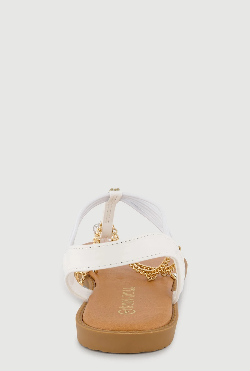 Girls Rhinestone T-Bar Corded Ankle Strap Sandals