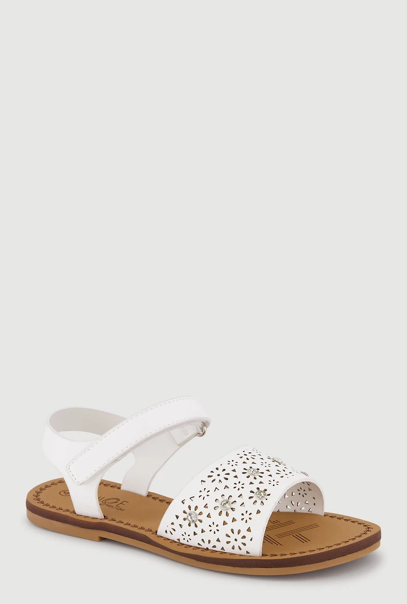 Girls Eyelet Rhinestone Band Velcro Strap Sandals