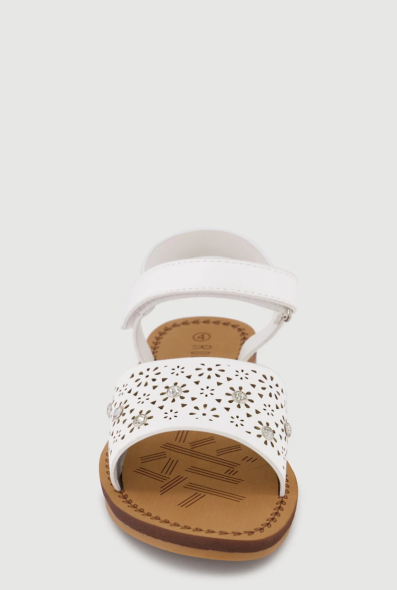 Girls Eyelet Rhinestone Band Velcro Strap Sandals