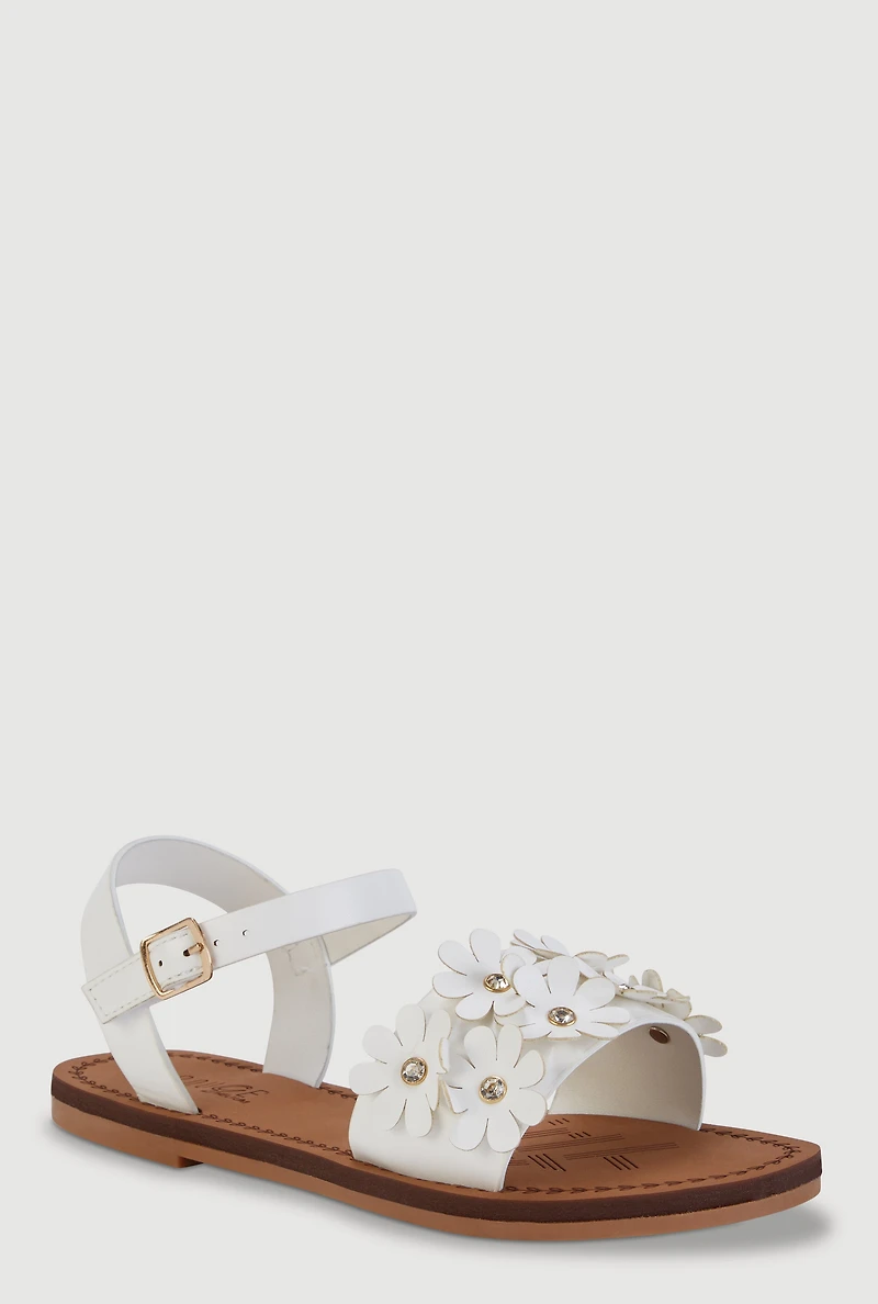 Girls Rhinestone Floral Band Faux Leather Velcro Strap Sandals