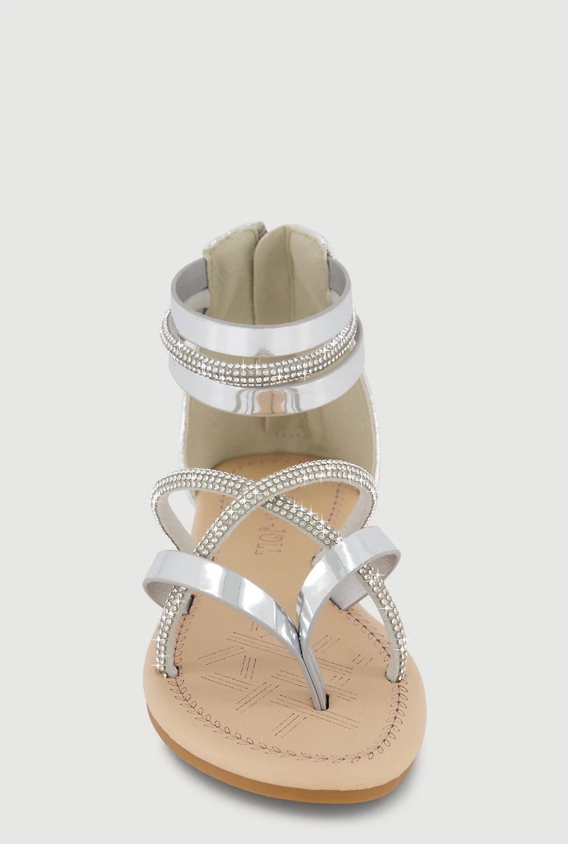 Girls Rhinestone Strappy Zip Back Ankle Strap Sandals