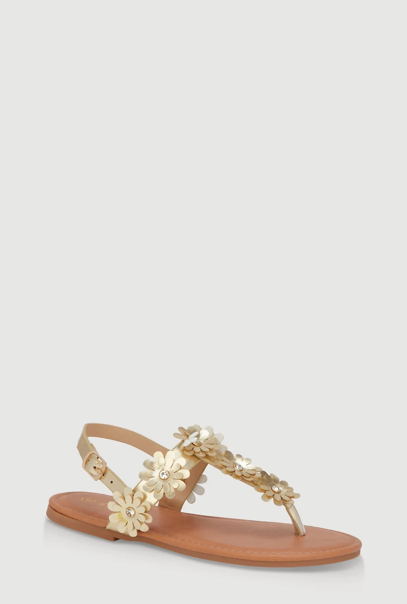 Girls Floral T-Bar Ankle Strap Sandals