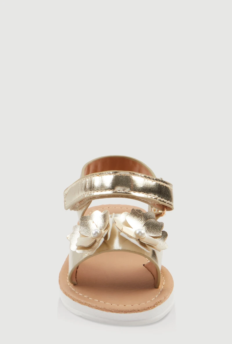 Womens Toddler Girls Faux Pearl 3D Flower Band Sandals, Gold, Size 8