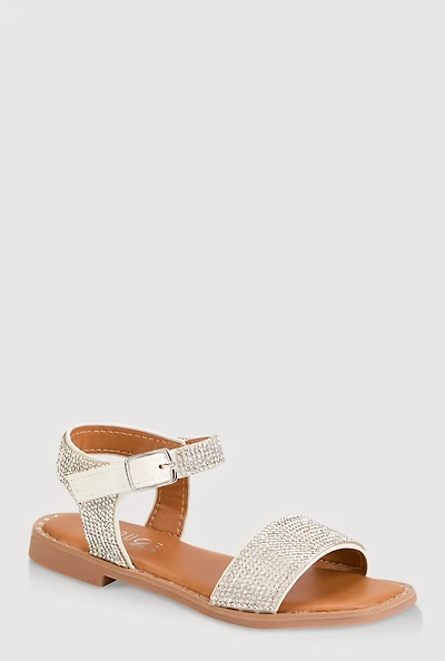Girls Rhinestone Studded Sandals, White, Size YOUTH 12