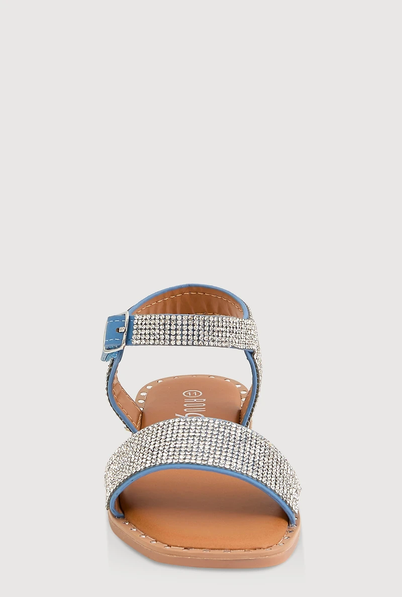 Girls Rhinestone Studded Sandals, Blue, YOUTH