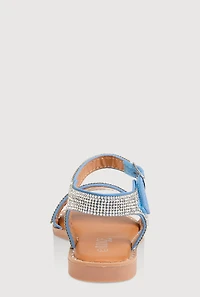 Girls Rhinestone Studded Sandals, Blue, YOUTH
