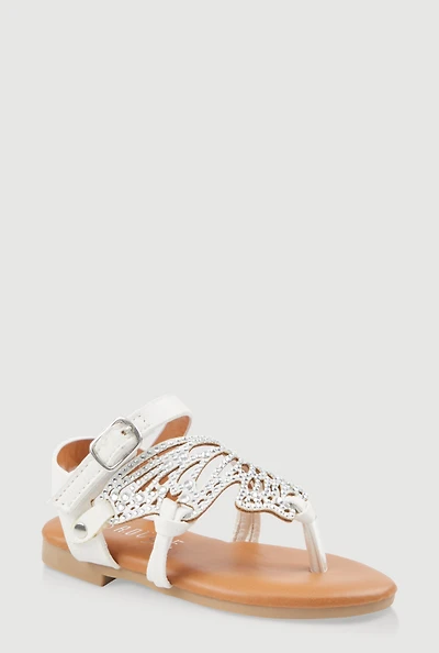 Womens Toddler Girls Rhinestone Butterfly Wing Thong Sandals, White, Size 7
