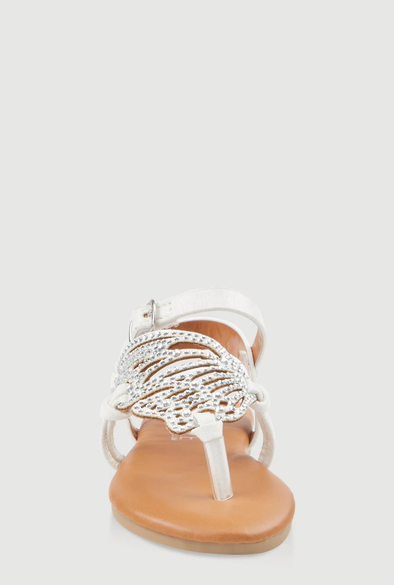 Womens Toddler Girls Rhinestone Butterfly Wing Thong Sandals, White, Size 7