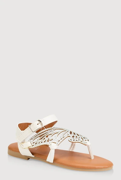 Girls Rhinestone Butterfly Wing Thong Sandals, White, Size YOUTH 12