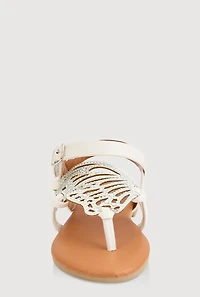 Girls Rhinestone Butterfly Wing Thong Sandals, White, Size YOUTH 11