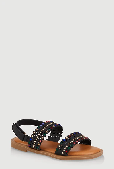 Girls Studded Gemstone Velcro Strap Sandals, Black, YOUTH