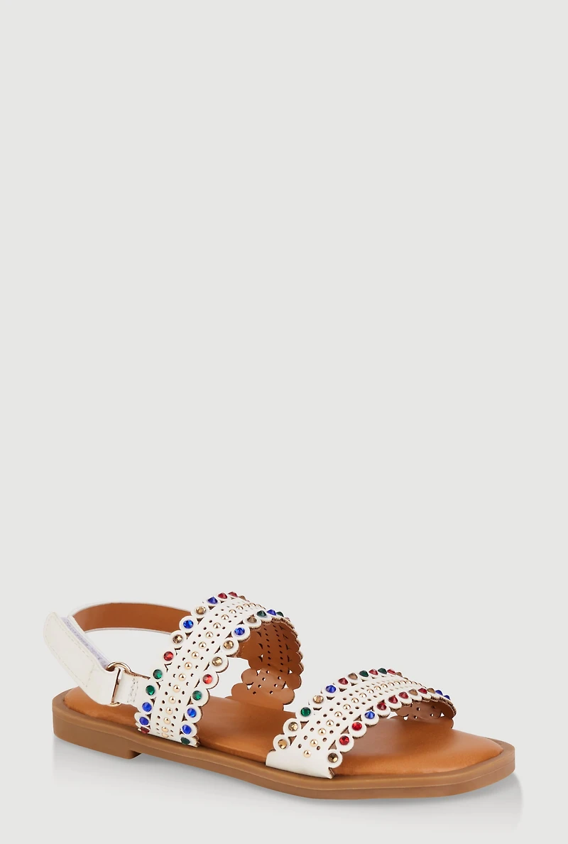 Girls Studded Gemstone Velcro Strap Sandals, White, YOUTH