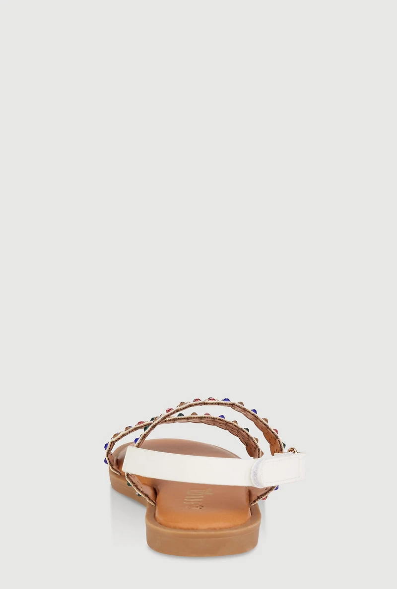 Girls Studded Gemstone Velcro Strap Sandals, White, YOUTH