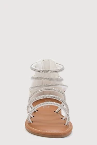 Girls Rhinestone Studded Gladiator Sandals, White, YOUTH