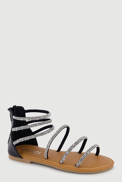 Girls Zip Back Rhinestone Strappy Sandals