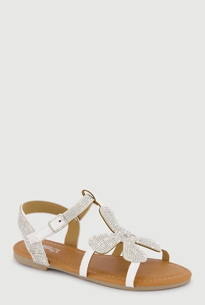 Girls Flower Rhinestone Velcro Strap Sandals